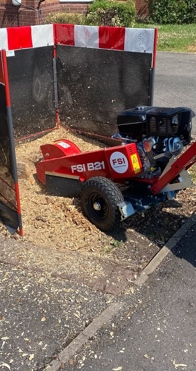 FSI B21 stump grinding machine at work behind safety screens